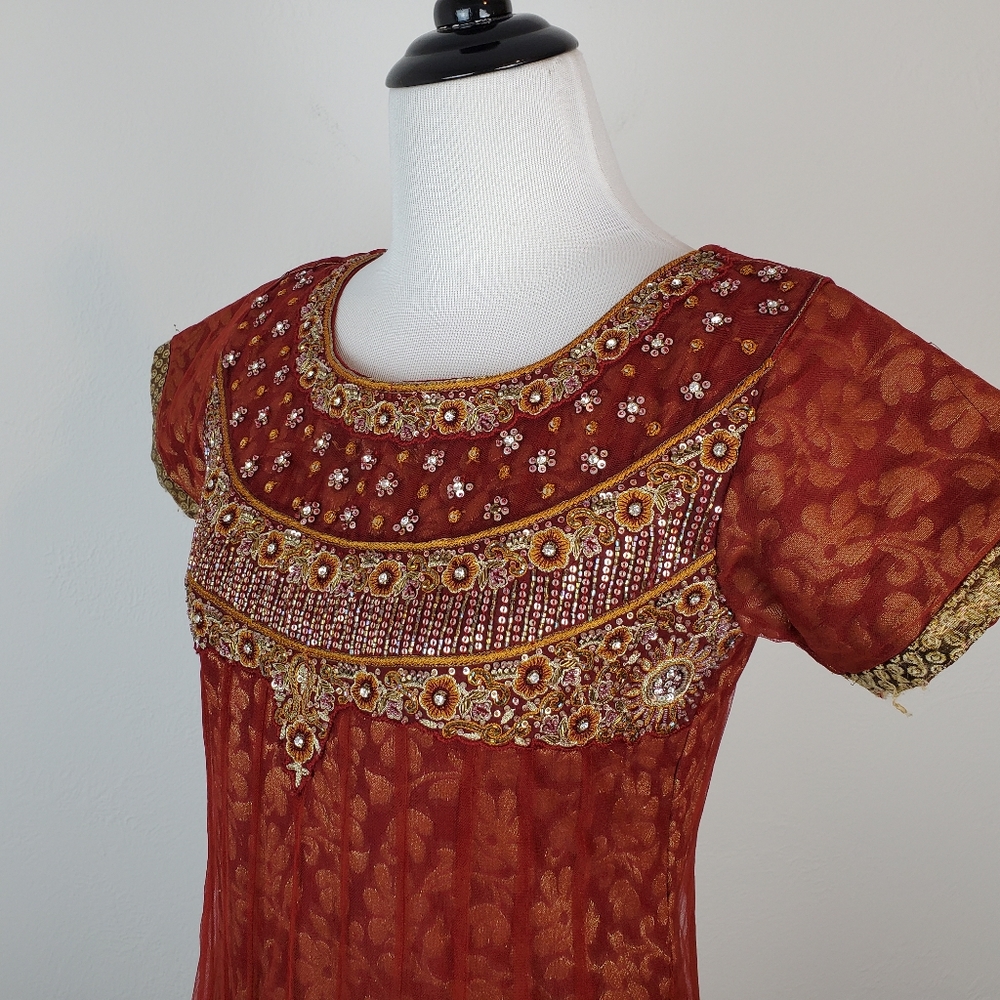 Traditional Indian Dress Pakistani Beaded Floral Embellished Metallic Burnt Red - Picture 3 of 16